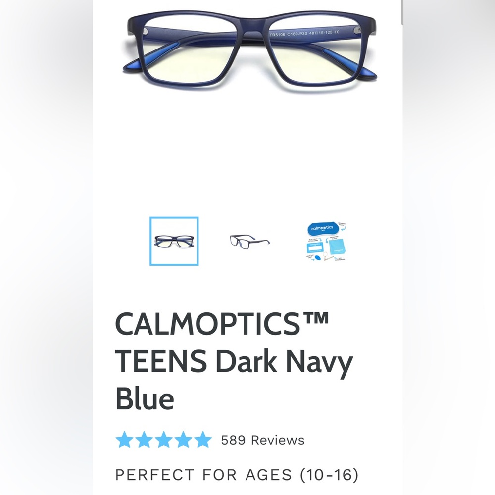 Calmoptics blue light blocking glasses, teen. Navy. New